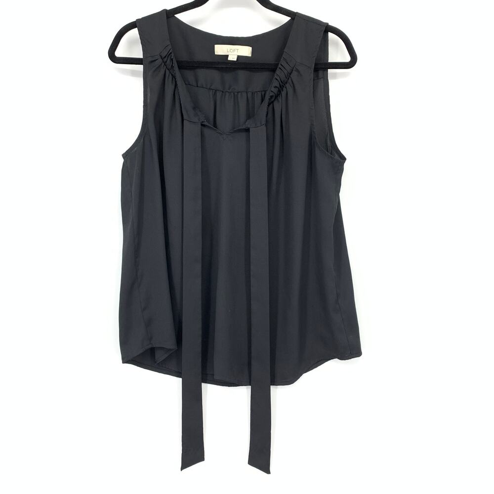 Loft Tie Neck Sleeveless Blouse Womens Size Large Black Pleated Neckline
